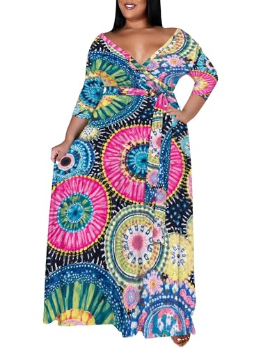 Image of SUZONANA Plus Size Maxi Dresses for Curcy Women Casual Loose 3 /4 Sleeve Long Dress with Belt