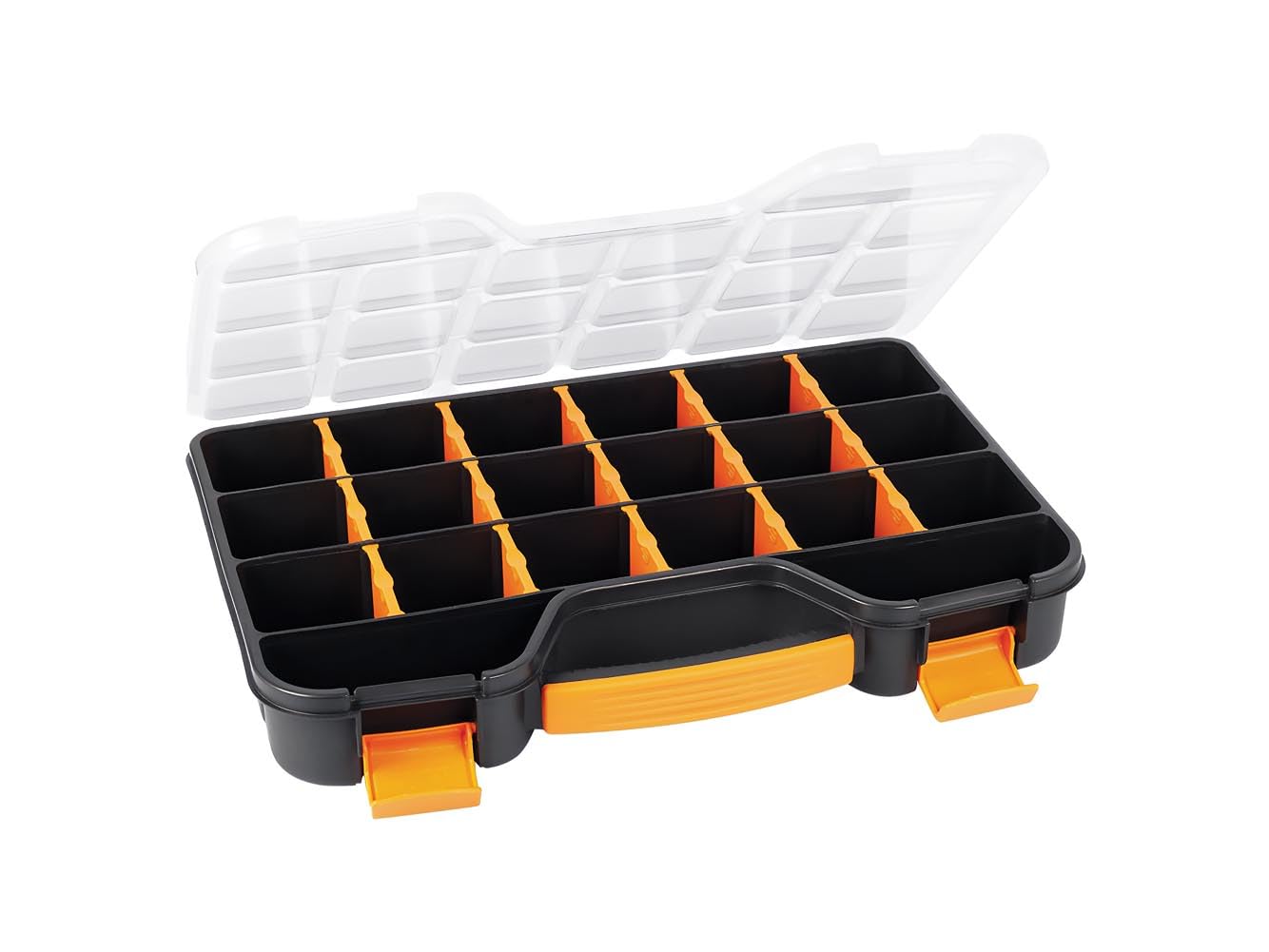 Perel Scatola assortimento in plastica, max 20 scomparti con 16 divisori rimovibili, coperchio trasparente, impilabile, per viti dadi chiodi e piccoli componenti, officina garage