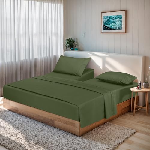 RUVANTI 100% Cotton Split King Sheets Sets for Adjustable Bed, 5 PCs, Soft & Breathable Percale Weave Bedding, Deep Pocket 16", Hotel Standard, Crisp Cool Feel & Durable, Dyed Sheet, Chive