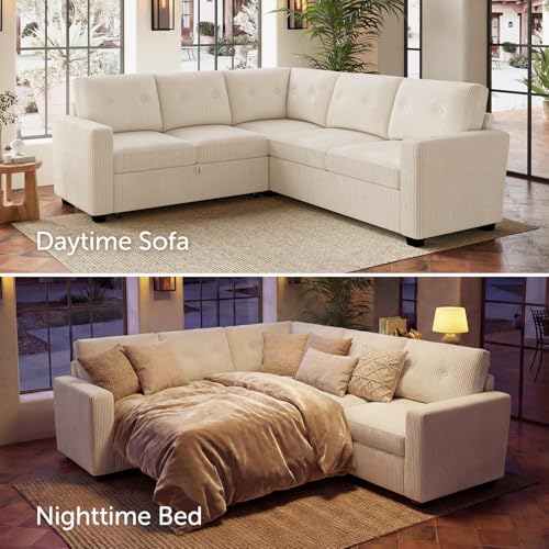 Image of HONBAY 5-Seater U-Shaped Sectional Sleeper Sofa with Pull-Out Bed, Corduroy Sectional Sofa for Living Room, Beige