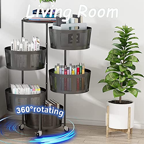 Rotating Storage Rack Metal Multi-Layer Stackable Storage Basket Cart Floor-Standing Layered Shelf Fruit Vegetable Snack Storage Bin With Wheels For Kitchen, Bedroom, Bathroom (Black, 5-Tier) #TOP3