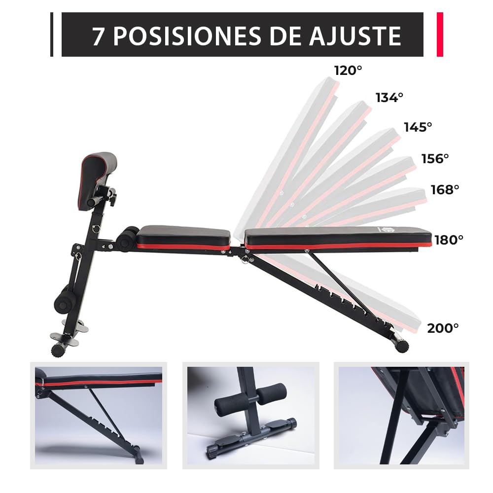 ManiBoom Banco Musculación PLEGABLE Multifuncional con 7 Posiciones Ajustable CARGA 250kg - Banco de Pesas con 2 Bandas de Entrenamiento y Cojín para Bíceps - Banca para Gym en Casa