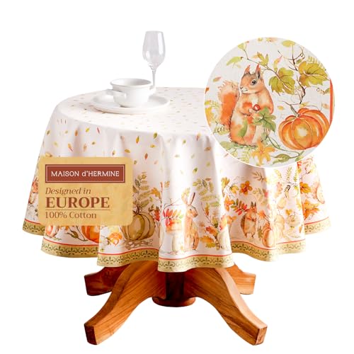 Maison d' Hermine Table Cloth Round Table 100% Cotton 69 Inches Tablecloth Reusable Decorative Everyday Use for Dining Room, Farmhouse, Home, Party, Festive & Wedding - Pumpkin Passion