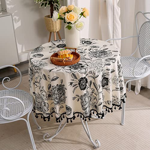 F-Chu Floral Round Tablecloth 60 Inch Cotton Linen Table Cloth With Tassels For Restaurant, Picnic, Indoor And Table Cover Home Decoration, Floral（Black #TOP4