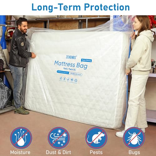 Image of ZCHENBS - Twin /Twin XL Mattress Bags for Moving, Waterproof Mattress Storage Bag with Zipper, Heavy-Duty 5 Mil Ultra-Thick Bed Protector Cover for Moving, Reusable (Transparent /Blue, 1 Pack)
