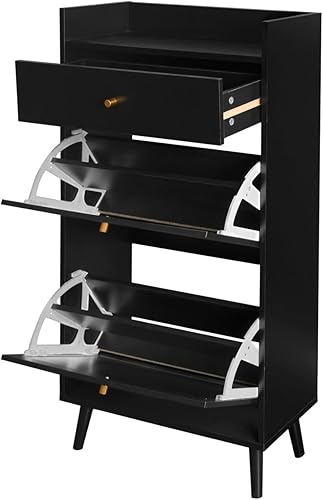 Miniatura 8 de ZeHuoGe Gabinete de zapatos de ratán natural con 2 cajones abatibles, armario de almacenamiento para tacones, botas, zapatillas, zapatero