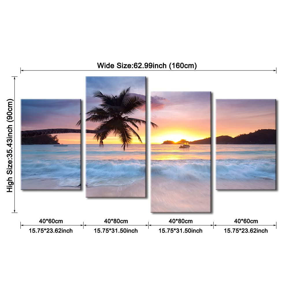 Pyradecor Sunrise Beach Theme Large 4 Piece Seascape Giclee Canvas Prints on Canvas Wall Art Modern Gallery Wrapped Ocean Sea Waves Pictures Paintings Artwork Ready to Hang for Home DÃ©cor L