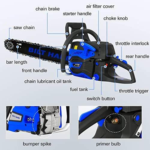 Bilt Hard Chainsaw Gas 18 Inch, 2-Cycle Gas Powered Chain Saw Cordless Handheld 2.7Hp 52Cc, Automatic Chain Oiler, Garden Tool For Cutting Wood Trees #TOP4