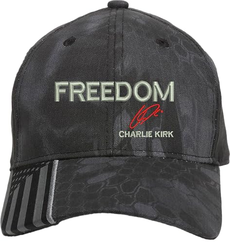 Freedom Charlie Kirk Signature Embroidered Hat with USA Flag on Brim for Men (US Alpha One Size Large Krptk/Silver)