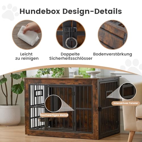 Gardner Pet Hundekäfig Möbel, 83cm Hundebox für Zuhause, Moderne Hundehütte Indoor mit 3 Türen und verstellbaren Näpfen, Hundehaus aus Metall und Holz für mittlere Hunde, 83x58x65 cm, Vintagebraun