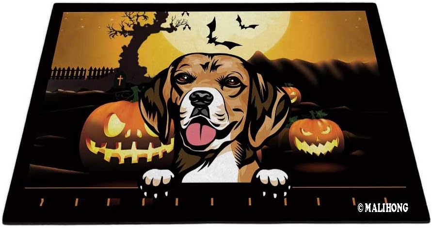 Happy Halloween Dog Doormat Jack O Lantern with Funny Peeking Dog Beagle Halloween Home Decorative Mat 27.5 x 17.7 Inch