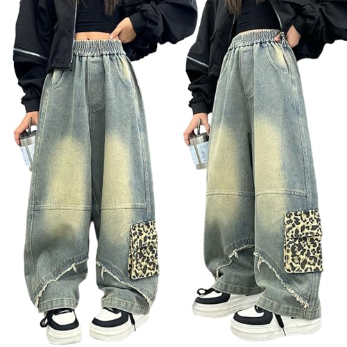 Tween Girls Baggy Jeans-Casual Wide Leg Denim Pants with Leopard Print Pockets, Elastic Waistband Jeans for Girls