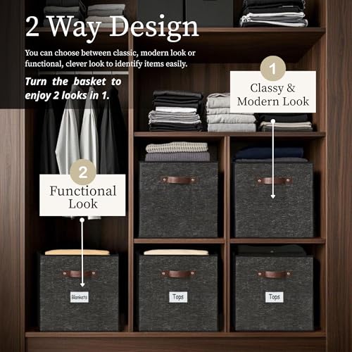 Image of DECOMOMO Storage Bins | Cube Storage Bin with Label Holders, Fabric Storage Cubes for Organizing Shelves Closet Toy Clothes (10.5 inch x 11 inch / 6pcs, Black Pattern)