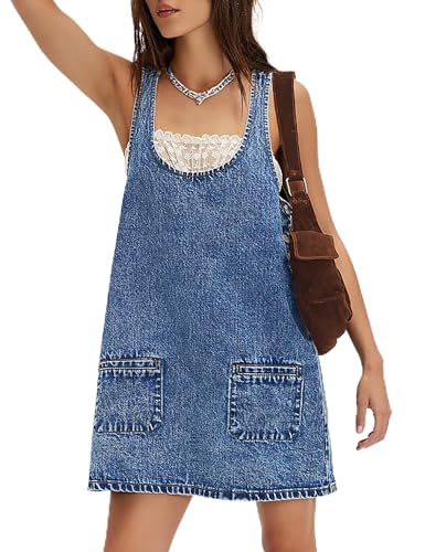 Denim Overall Dress Jean Mini Sleeveless Western Tank Country Concert Romper Dresses with Pockets for Women 2025