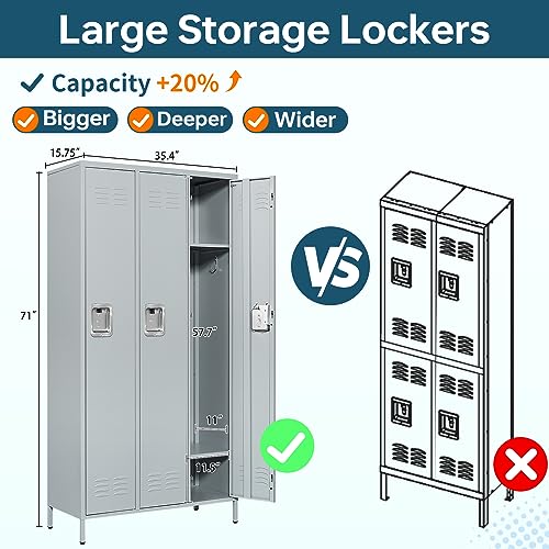 MIIIKO Metal Lockers Single Door 3-Wide, 72" x 36" x 16" Storage Locker Units, Space Saving Employee Locker with Storage Shelves, Lockable Doors and Hanging Hooks - Thumbnail 5