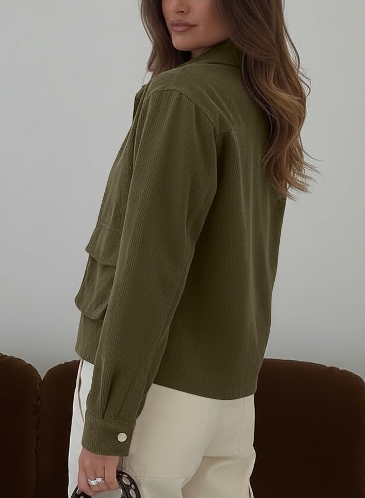 Beaully Womens Corduroy Cropped Shacket Jacket Short Button Down Long Sleeve 2026 Spring Outwear Tops - Image 2
