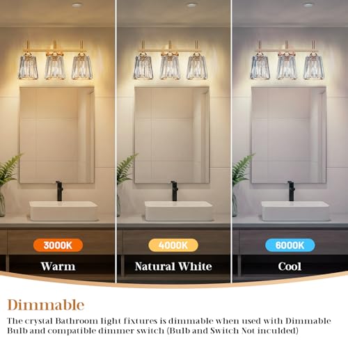 Image of Crystal Bathroom Light Fixtures Over Mirror, Gold 3-Light Bathroom Vanity Lights Over Mirror Modern Wall Lighting Sconces with Ceramic E26 Base (Bulbs Not Include)