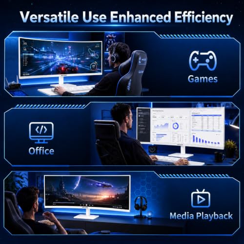 Image of Deco Gear White 49 Inch Curved Monitor, 144HZ Super Ultrawide DFHD Screen, 3840x1080 32:9 VA Panel, R1500 E-LED, HDMI, Display Port, 3000:1, Laptop PC Computer Accessory for Work Gaming Design