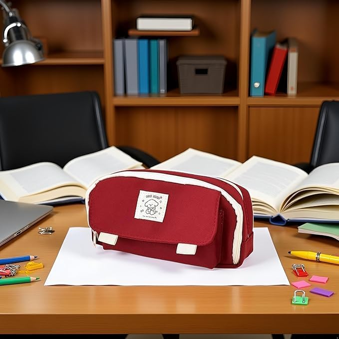 Image of Canvas School Bag Pencil Case, 3 Layer 6 Compartment Large Capacity, Aesthetic Pencil Pouch for Stationary, Cute Stationery for Kids, Pencil Case for Girls & Boys (Maroon)