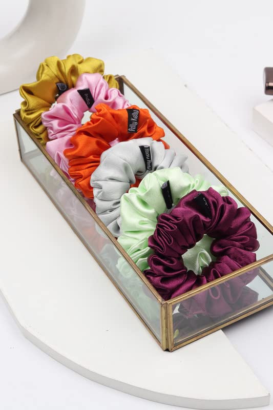 Image of Premium Satin Scrunchies for Women | Hair Bands, Ponytail Holders & Rubber Bands | Fluffy, No-Damage Hair Ties | Girls Hair Accessories | Medium Size | Pack of 9