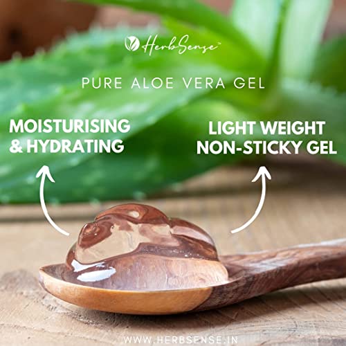 Image of Herbsense Hydrating, moisturizing, and non-sticky gel for skin and hair, packaged in a glass jar, Pure Aloe Vera Gel Combo 180 Gm Pack of 3