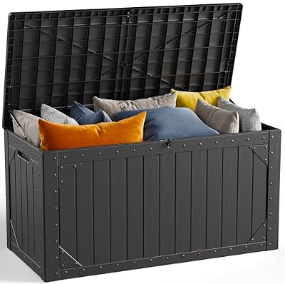 MAKE CHANGES 100 Gallon Outdoor Storage Box, Waterproof Resin Deck Box Organizer for Patio Cushion Storage, Lockable Outside Container for Garden Tools
