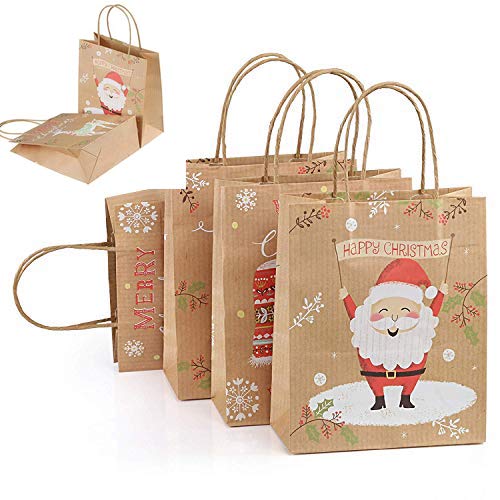 GWHOLE 12 Stück Papiertüten Weihnachten Geschenktüten mit Henkel Braun Kraftpapier für Geschenke Mitgebsel Süßigkeiten Party Cover