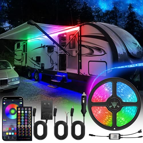 Yiswhis 16.4FT RV Awning Lights, 12V Camper LED Light Strip with Remote Waterproof RV Exterior Strip Lights for Canopy, Motorhome, Travel Trailer, Camping, BBQ