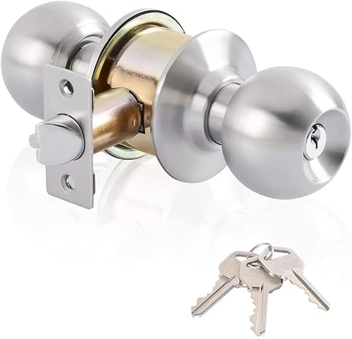 Door Knob With Lock Bedroom - Keyed Entry Door Knob Lock Interior And Exterior Bathroom,Stainless Steel Privacy Locking Door Knob Round Ball Door Lock Brushed Nickel(Silver) #TOP24