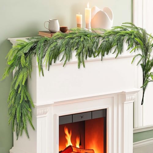 2 Pcs Real Touch Norfolk Pine Garland 6FT Artificial Pine Greenery Garlands Faux Christmas Garland for Holiday Seasonal Indoor Home Decor Mantle