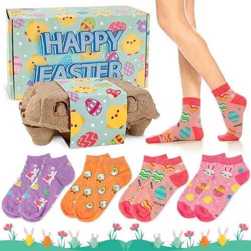 CPKONUUIP Ostersocken 4 Paar Ostersocken Damen Herren Bunte Ostern Socken im Eierkarton Baumwolle Lustige Socken mit Motiv für Ostergeschenke Kinder & Erwachsene(A)