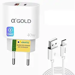Carregador Turbo 40W Cabo USB para Tipo C + Fonte com 2 Entradas USB e USB-C Carregamento Rápido Turbo - Compatível com Iphone 15 16 17 Compatível com Samsung - IOS e Android - Cabo de 1 Metro