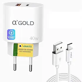 Carregador Turbo 40W Cabo USB para Tipo C + Fonte com 2 Entradas USB e USB-C Carregamento Rápido Turbo - Compatível com Iphone 15 16 17 Compatível com Samsung - IOS e Android - Cabo de 1 Metro