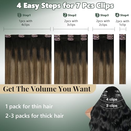 Image of Ugeat Clip in Hair Extensions Human Hair Brown Balayage 14 Inch 7pcs 105g | Human Hair Clip in Extensions , Dark Brown Balayage Chocolate Brown
