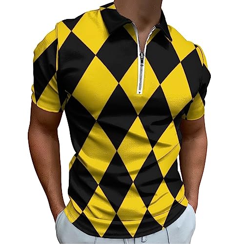 Yellow and Black Diamond Pattern Men Zippered Polo Shirt Slim Fit Short Sleeve Golf T Shirt Casual Beach Tops