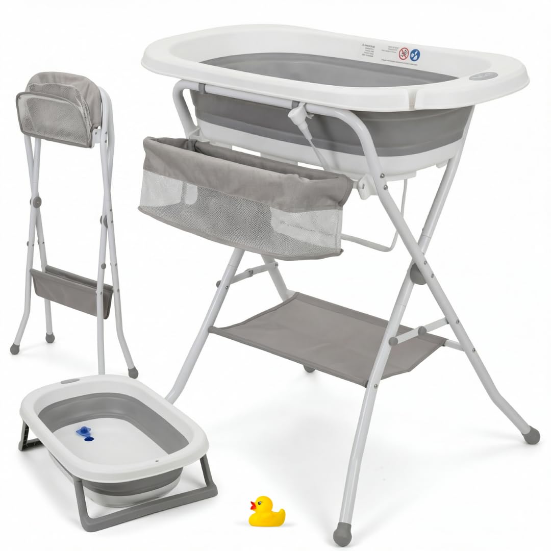 BAÑERA PLEGABLE BEBÉ 5 EN 1 Termómetro + Cojín Protector + Patas Antideslizantes + Tapón de Seguridad | Bebé Recién Nacido | Diseño Plegable en 2 | Fácil de Guardar y Transportar (Azul) — view 9