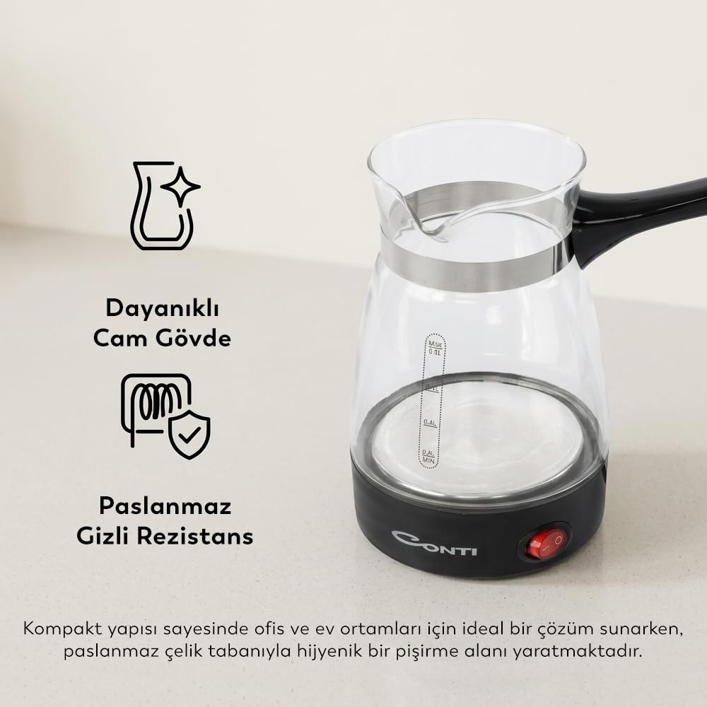 Conti CKC-340 Fortune Elektrikli Cam Cezve – 650W, 0.5 L Kapasite, Paslanmaz Gizli Rezistans, 360° Kablosuz Kullanım, Türk Kahvesi Makinesi