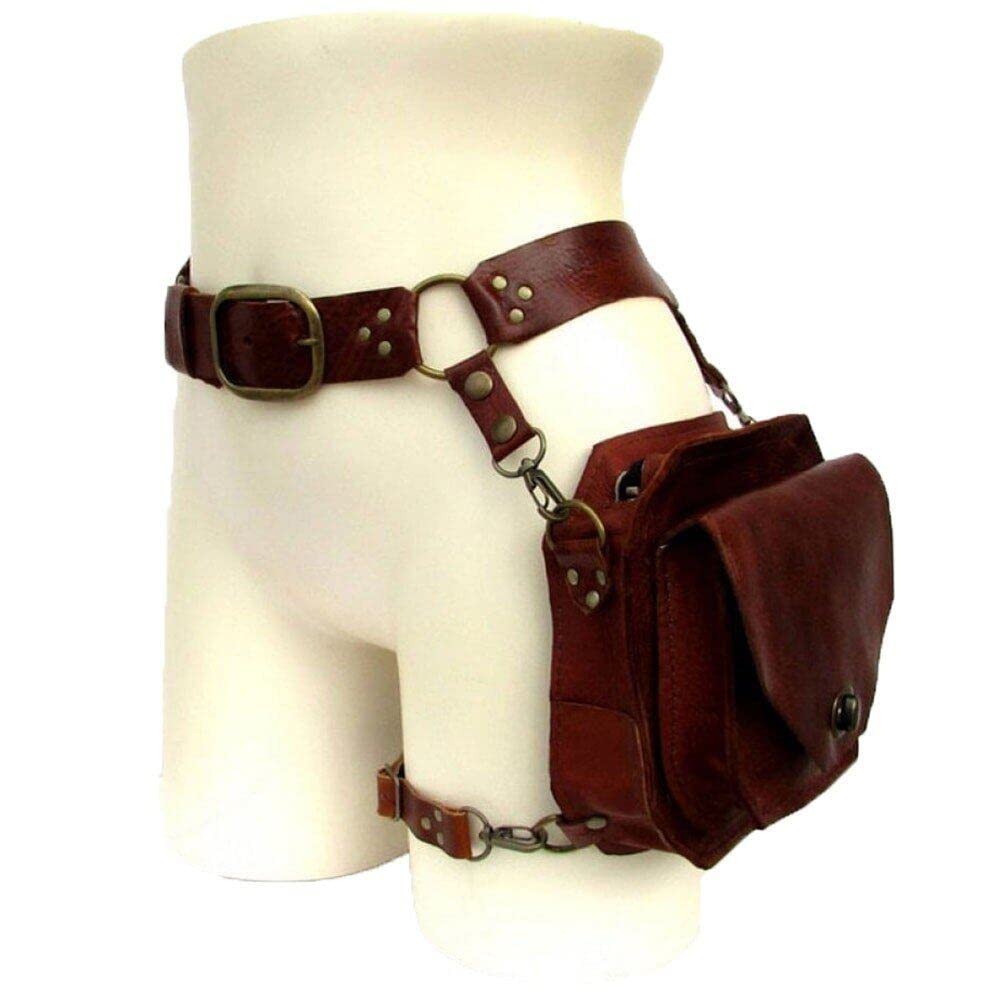 Casiler Women's Brown Waist Ring Belt Pouch Steampunk Leather Fanny Bag For Men Knight Cosplay Costume Motorcycle Thigh Wallet
