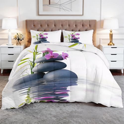 XCQHZYQ Edredon Nordico Cama 105 Zen Piedra Orquídea Morada, Colcha Infantil Relleno Nordico 180x220 cm de Microfibra, Edredón 4 Estaciones Reversible Blanco, con 2 Fundas de Almohada
