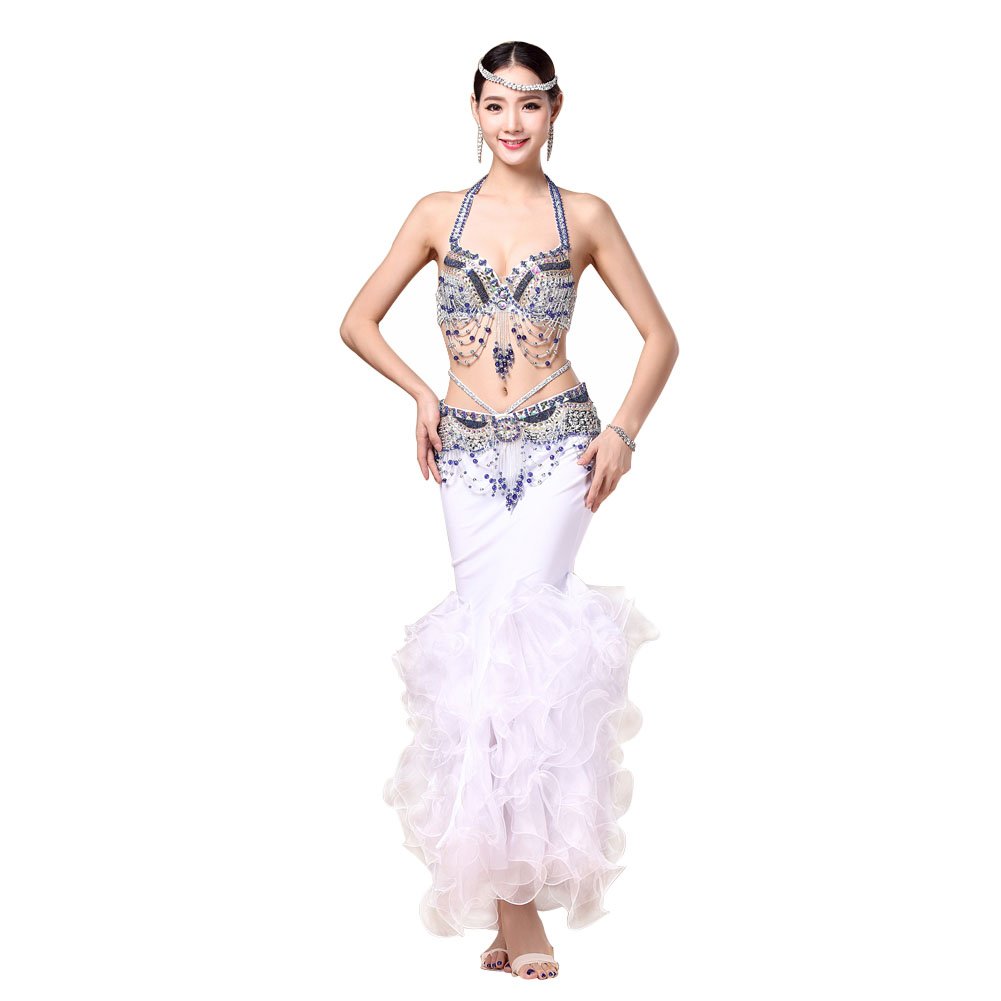 Belly Dance Costume,Top Bra Belt Skirt 3Pcs,Oriental Style,White