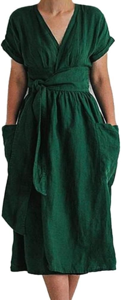 Akivide Women's Summer Cotton Linen V Neck Belt Wrap Kimono Dresses Short Sleeve Cocktail Party Midi Dress with Pockets