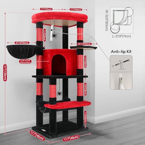 Image of Globlazer Gothic Corner Cat Tree Tower with Scratching Post for Indoor Cats, 51inch Goth Cat Condo Tower with Large Hammock, Fan-Shaped Padded Perch, Spacious Cat Cave, Hanging Basket, C51, Red Black