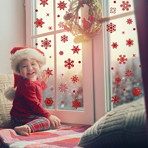 Fassory 93 adesivi per finestra con fiocco di neve rosso, riutilizzabili, adesivi statici natalizi per finestre (rosso)