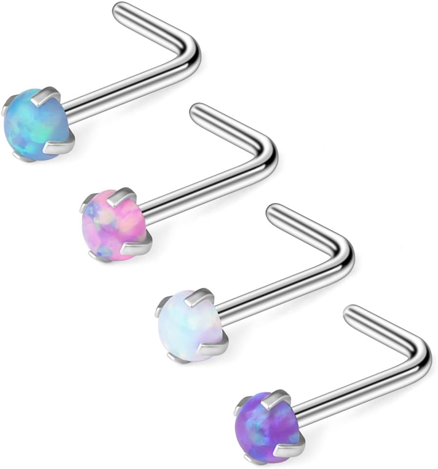 Ruifan 18G 316L Surgical Steel 1.5mm 2mm 2.5mm 3mm Opal Nose L-Shaped Rings Studs Ring Body Piercing Jewelry 1-4PCS