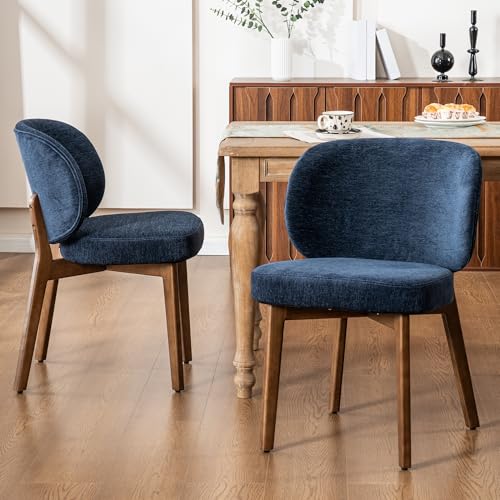 Image of YOUNIKE Dining Chairs Set of 2 Modern Kitchen Dining Room Chairs Navy Blue | Chenille Fabric Upholstered Armless Side Accent Chair with Back Wide Padded Seat Wooden Leg, Soft, Breathable, Comfortable