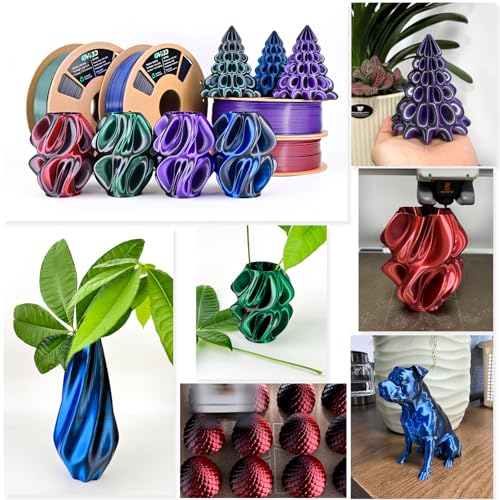 Image of OVV3D Silk PLA 3D Printer Filament Bundle 250g x 4 Spools, Shiny Dual Color Filament 1.75mm Pack, Multi Color Change 3D Printing Filament, High Gloss Shine, 4 Pack (Black - Purple, Red, Green, Blue)