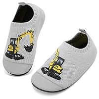 VOLHAL Hausschuhe Kinder Mädchen Junge Barfussschuhe Pantoffeln Lauflernschuhe Rutschfest Kindergarten für Atmung saktive Weich Kleinkinder Schuhe Unisex(Bagger Grau 27EU)