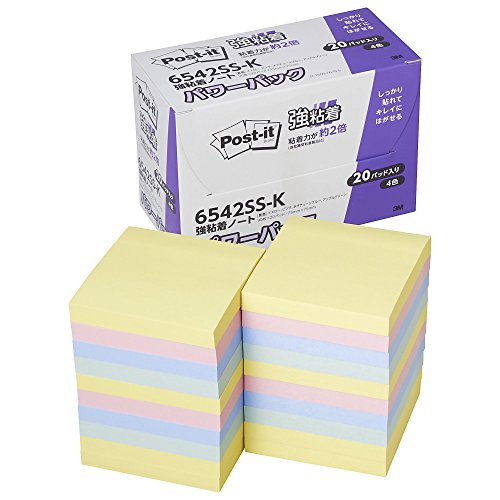ポストイット 付箋 強粘着 ノート パステルカラー 75×75mm 90枚×20冊 6542SS-K