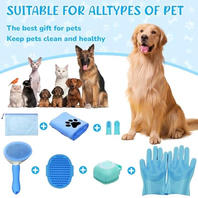 Dog Grooming Kit for Shedding ¨C 8-Piece Pet Grooming Supplies with Deshedding Brush, Bath Gloves, Towels & Silicone Toothbrush | Ideal for Dogs, Cats, Small and Large Pets (Blue)-ebzuSc8l