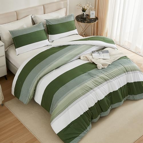 Litanika Olive Green Comforter Set King - 3 Pieces Lightweight Olive Green White Colorblock Stripe Fluffy Bedding Comforter Sets, All Season Bed Set